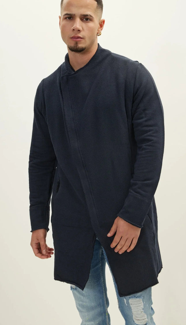 Zipper Closure Asymmetric Rebel Cardigan - Navy - Ron Tomson