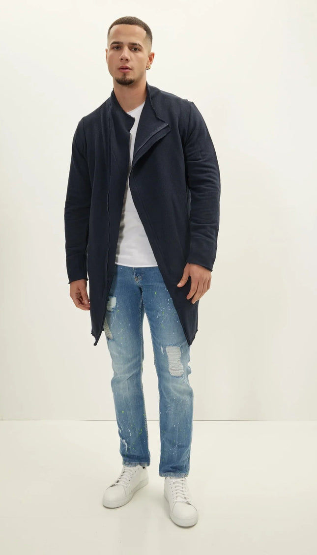 Zipper Closure Asymmetric Rebel Cardigan - Navy - Ron Tomson
