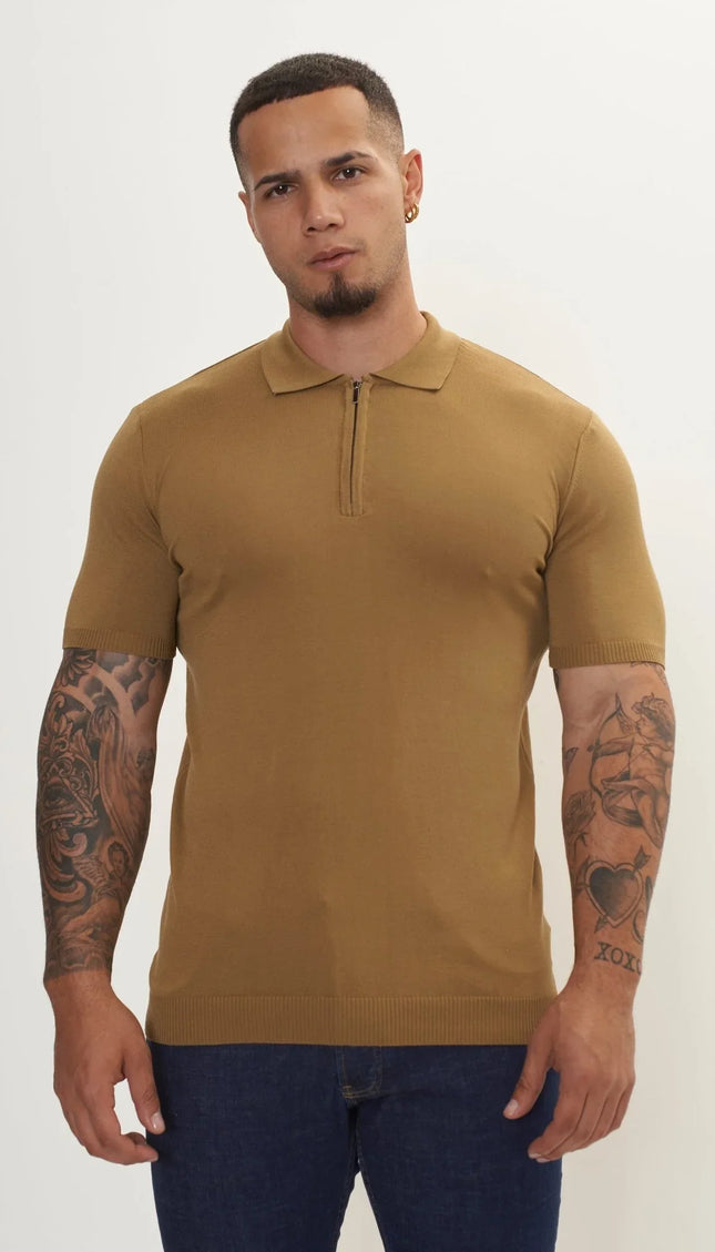 Zipper Closure Lightweight Polo Tee - Mustard - Ron Tomson