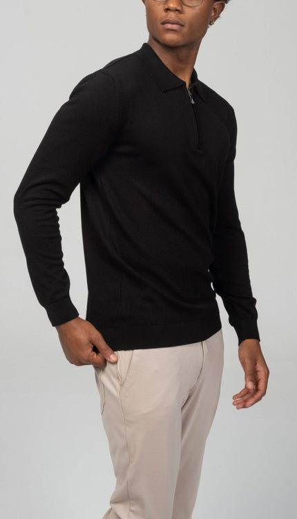 Zipper Closure Long Sleeve Sweater - Black - Ron Tomson