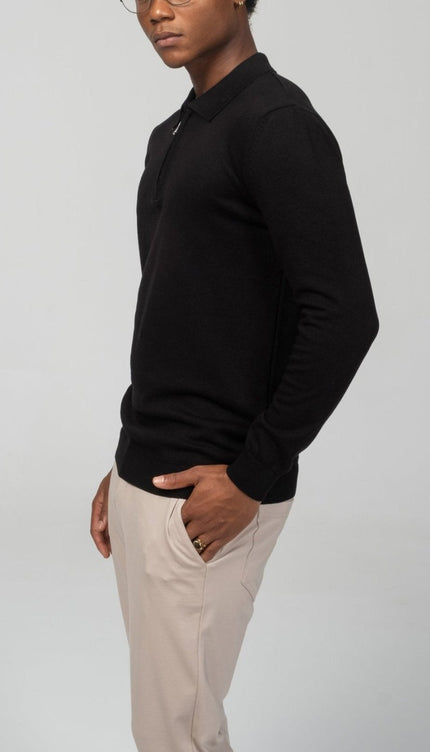 Zipper Closure Long Sleeve Sweater - Black - Ron Tomson