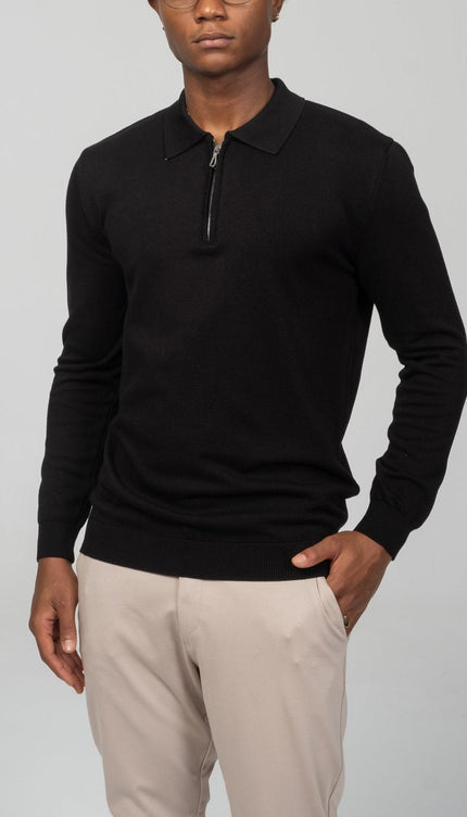 Zipper Closure Long Sleeve Sweater - Black - Ron Tomson