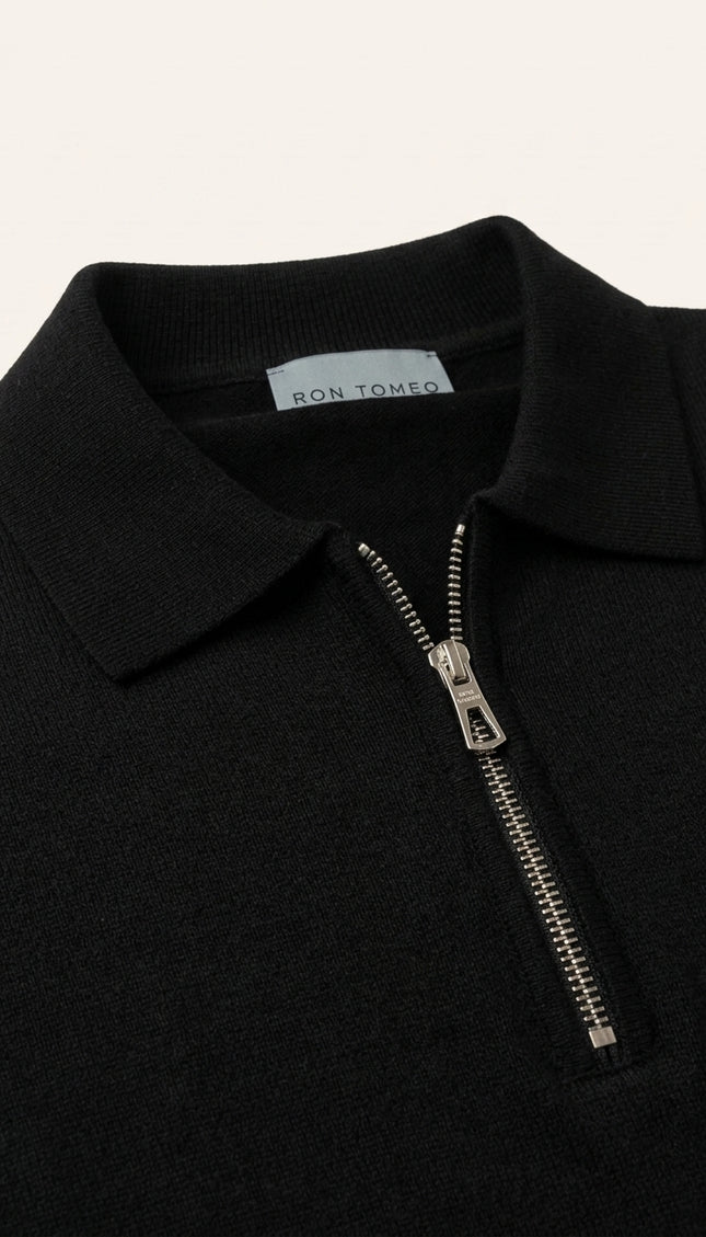 Zipper Closure Long Sleeve Sweater - Black - Detail