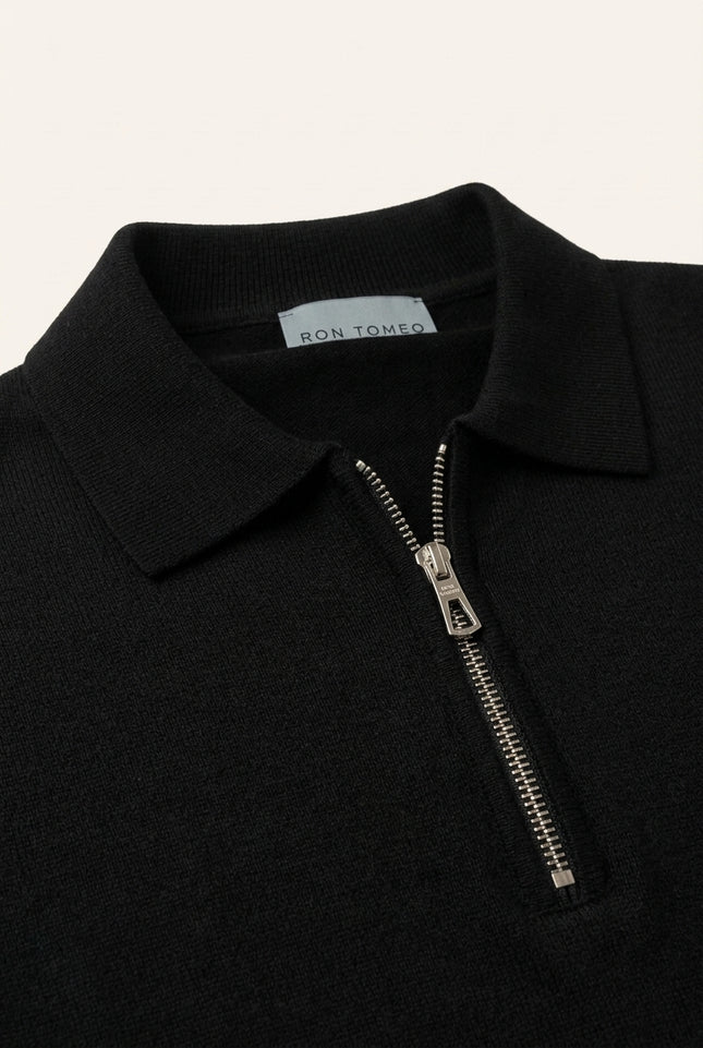 Zipper Closure Long Sleeve Sweater - Black - Detail
