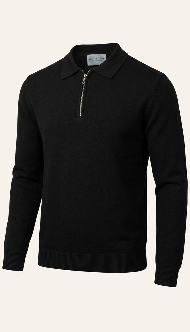 Zipper Closure Long Sleeve Sweater - Black - Front