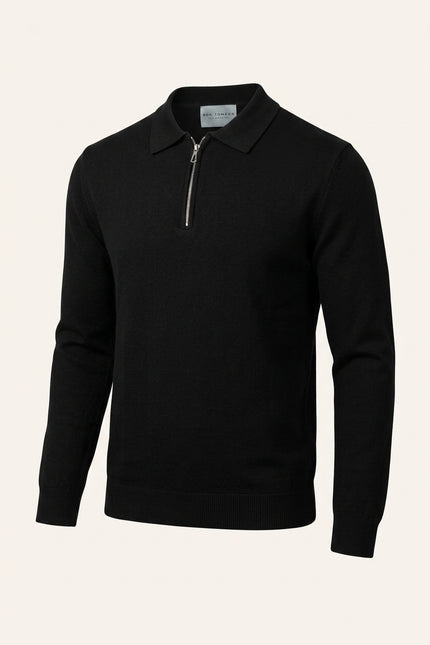 Zipper Closure Long Sleeve Sweater - Black - Front