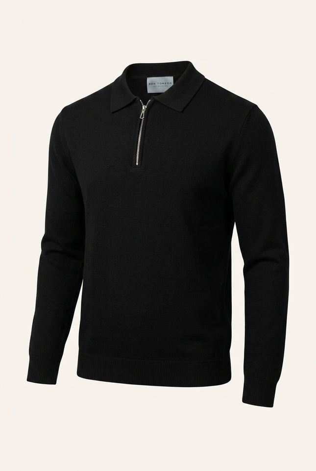 Zipper Closure Long Sleeve Sweater - Black - Front