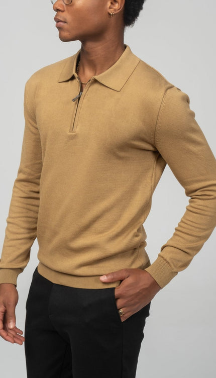 Zipper Closure Long Sleeve Sweater - Mustard - Ron Tomson