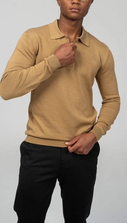 Zipper Closure Long Sleeve Sweater - Mustard - Ron Tomson