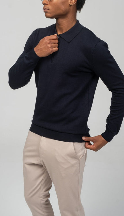 Zipper Closure Long Sleeve Sweater - Navy - Ron Tomson