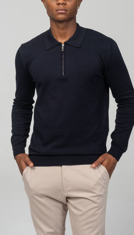 Zipper Closure Long Sleeve Sweater - Navy - Ron Tomson