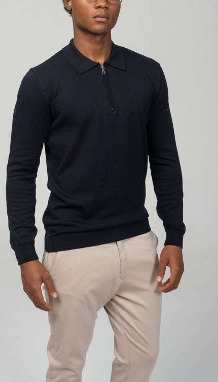 Zipper Closure Long Sleeve Sweater - Navy - Ron Tomson