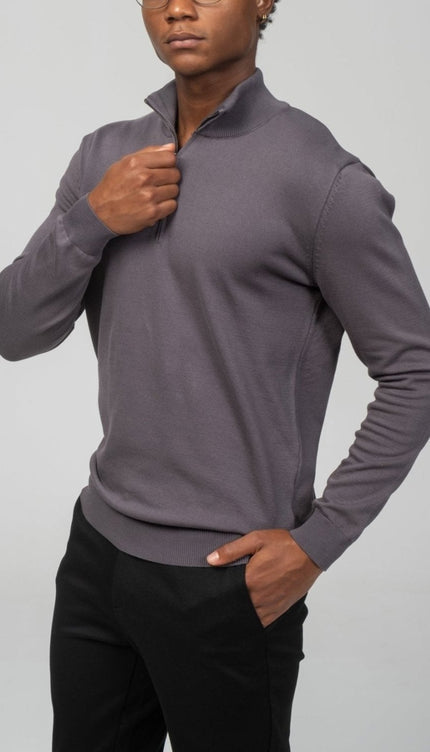 Zipper Closure Mock Neck Sweater - Anthracite - Ron Tomson