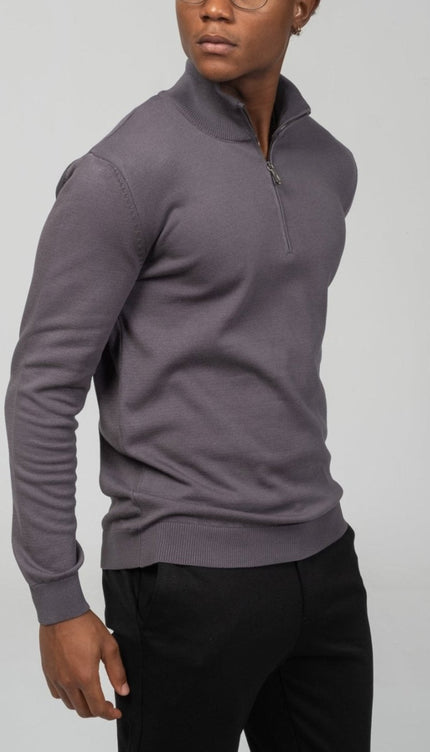 Zipper Closure Mock Neck Sweater - Anthracite - Ron Tomson