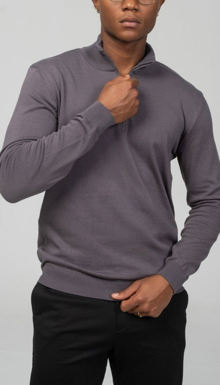 Zipper Closure Mock Neck Sweater - Anthracite - Ron Tomson