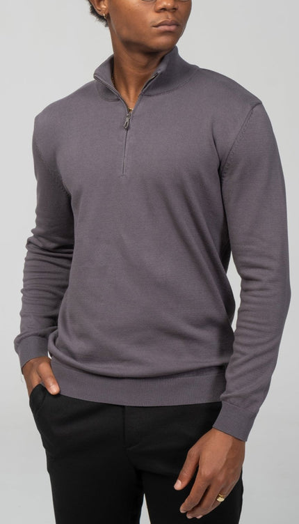 Zipper Closure Mock Neck Sweater - Anthracite - Ron Tomson