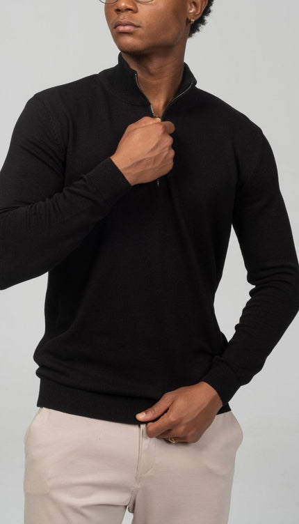 Zipper Closure Mock Neck Sweater - Black - Ron Tomson