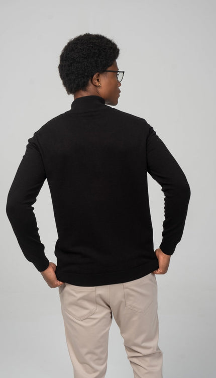 Zipper Closure Mock Neck Sweater - Black - Ron Tomson