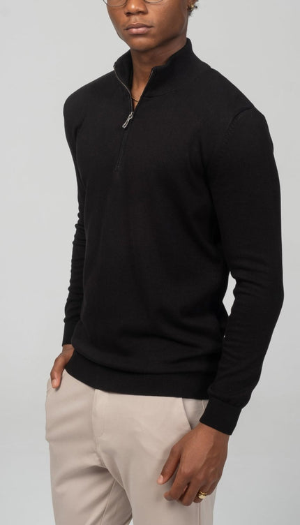 Zipper Closure Mock Neck Sweater - Black - Ron Tomson