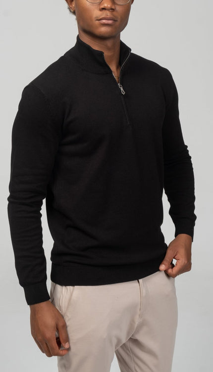 Zipper Closure Mock Neck Sweater - Black - Ron Tomson