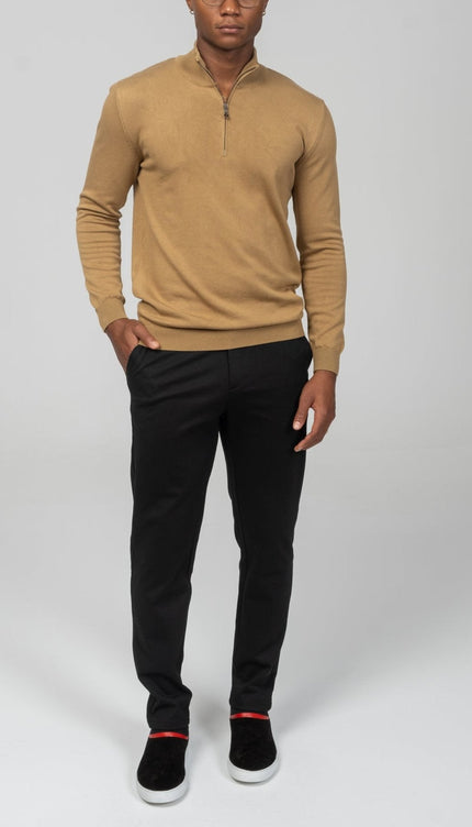 Zipper Closure Mock Neck Sweater - Mustard - Ron Tomson