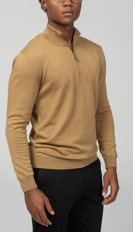 Zipper Closure Mock Neck Sweater - Mustard - Ron Tomson