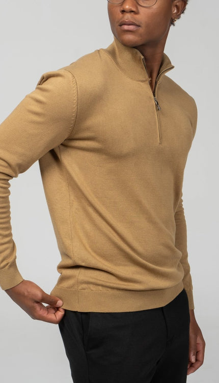 Zipper Closure Mock Neck Sweater - Mustard - Ron Tomson