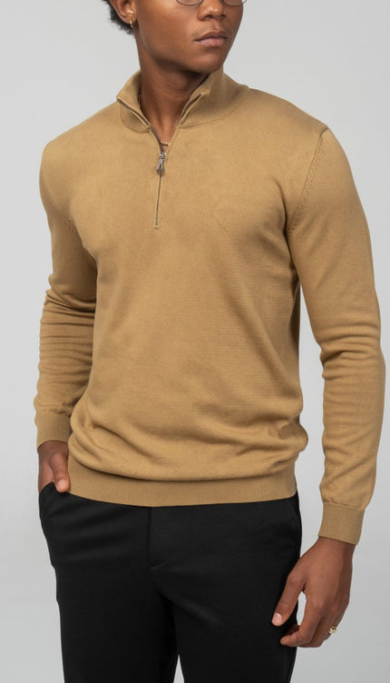 Zipper Closure Mock Neck Sweater - Mustard - Ron Tomson