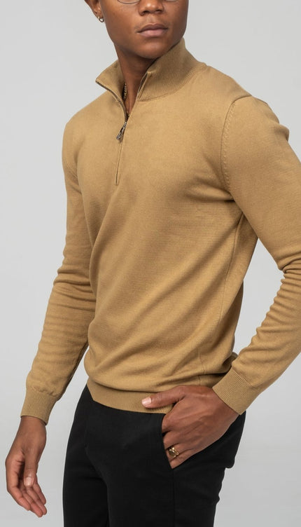 Zipper Closure Mock Neck Sweater - Mustard - Ron Tomson