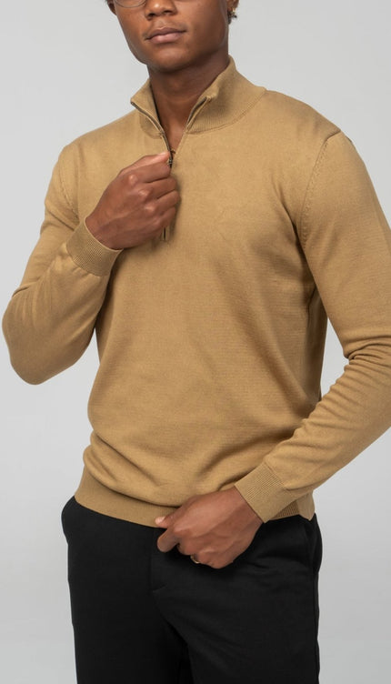 Zipper Closure Mock Neck Sweater - Mustard - Ron Tomson