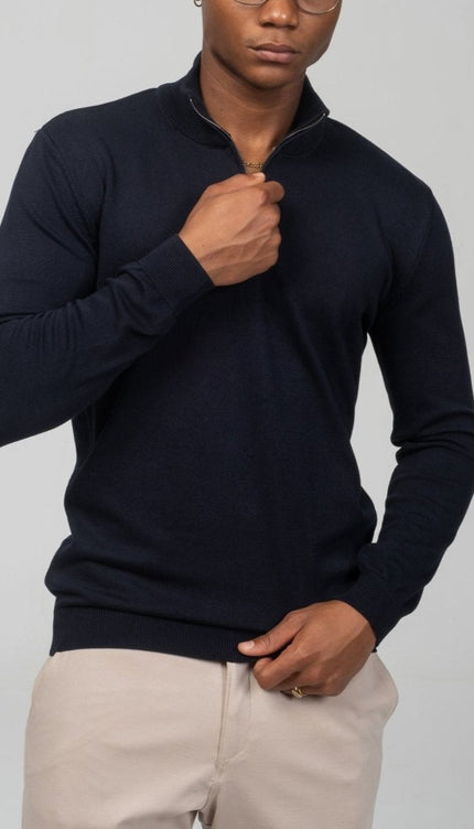 Zipper Closure Mock Neck Sweater - Navy - Ron Tomson