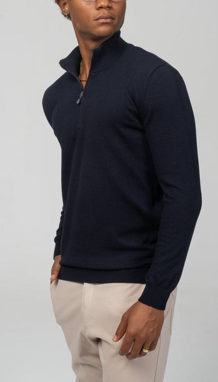 Zipper Closure Mock Neck Sweater - Navy - Ron Tomson