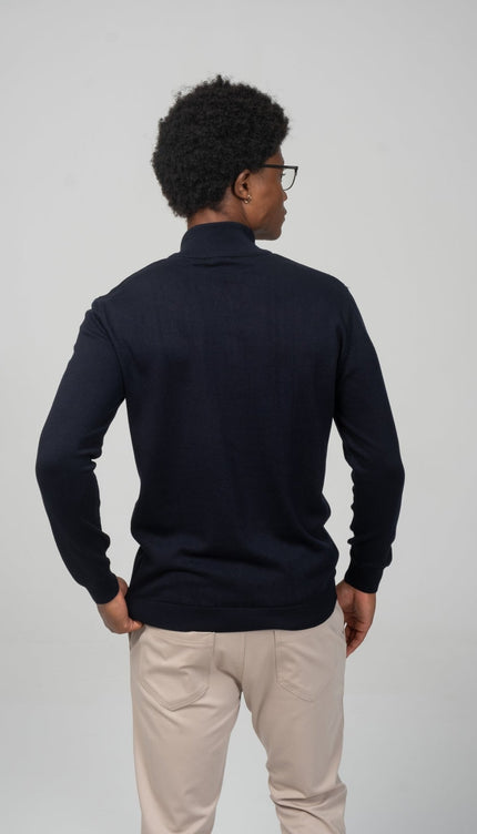 Zipper Closure Mock Neck Sweater - Navy - Ron Tomson