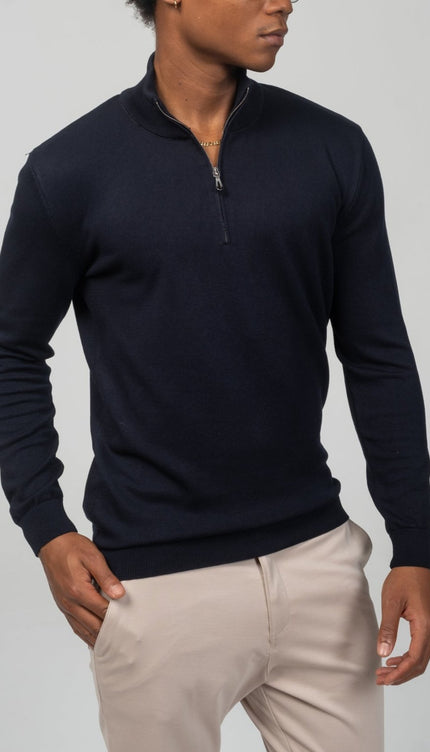 Zipper Closure Mock Neck Sweater - Navy - Ron Tomson