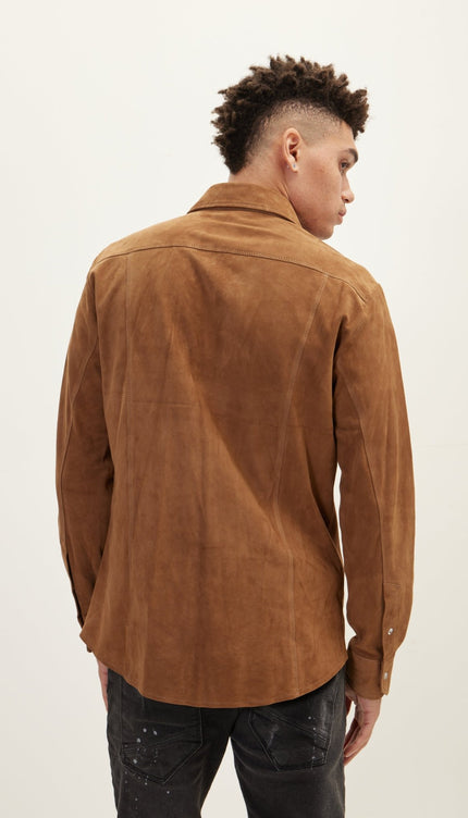 Zipper Closure Suede Leather Shirt - Camel - Ron Tomson