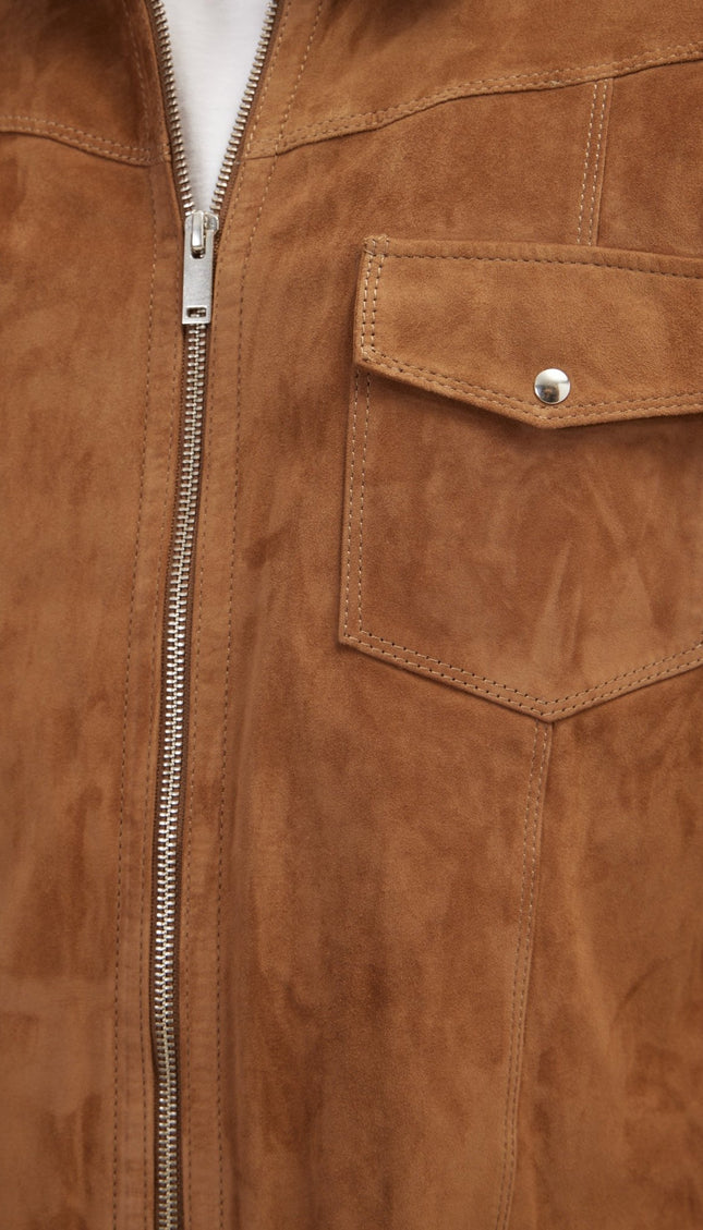 Zipper Closure Suede Leather Shirt - Camel - Ron Tomson