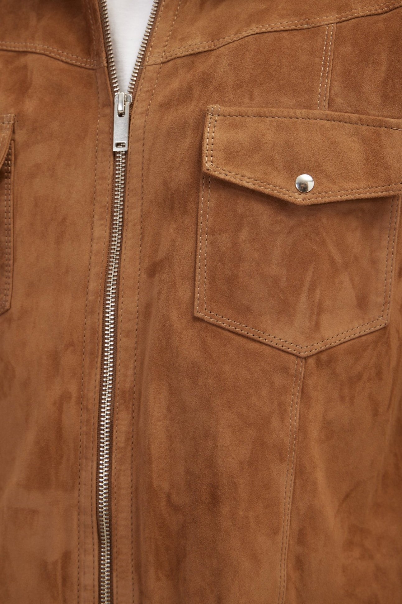 Zipper Closure Suede Leather Shirt - Camel - Ron Tomson