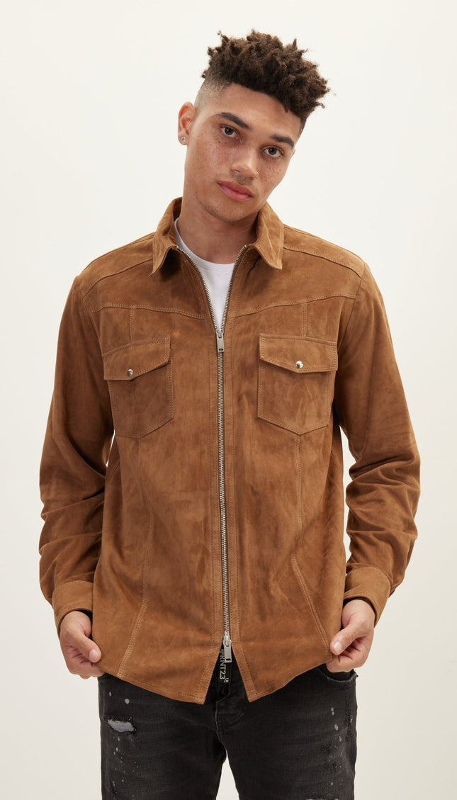 Zipper Closure Suede Leather Shirt - Camel - Ron Tomson
