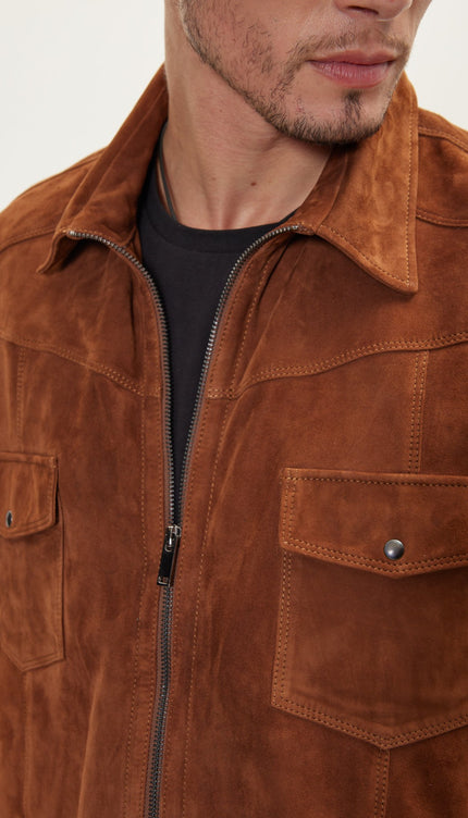 Zipper Closure Suede Leather Shirt - Cognac - Ron Tomson