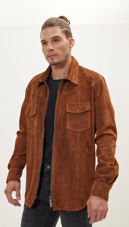 Zipper Closure Suede Leather Shirt - Cognac - Ron Tomson