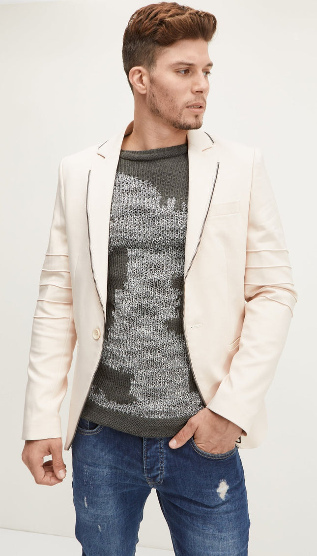 Zipper Piping Fitted Sports Coat - Ecru - Ron Tomson