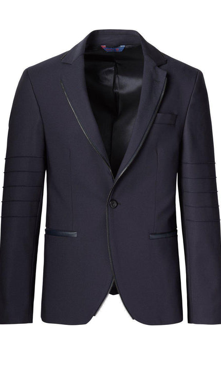 Zipper Piping Fitted Sports Coat - Navy - Ron Tomson