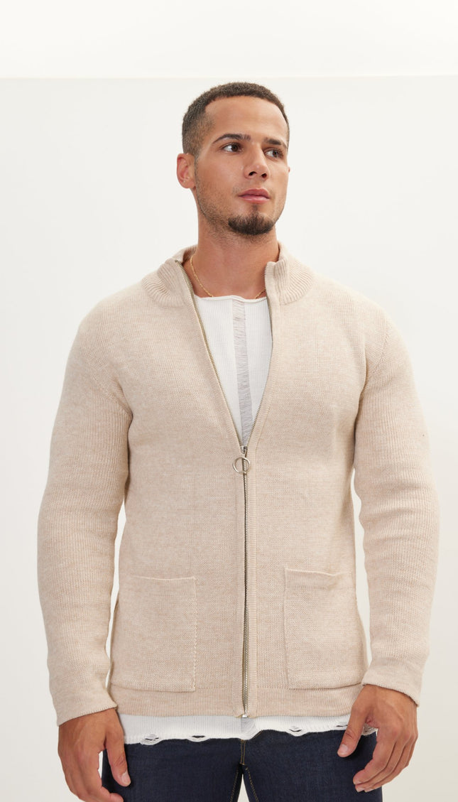 Zipper Up Cardigan - Beige - Ron Tomson