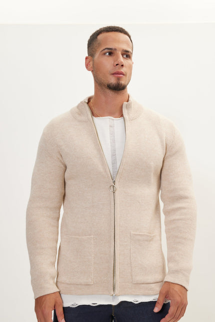 Zipper Up Cardigan - Beige - Ron Tomson