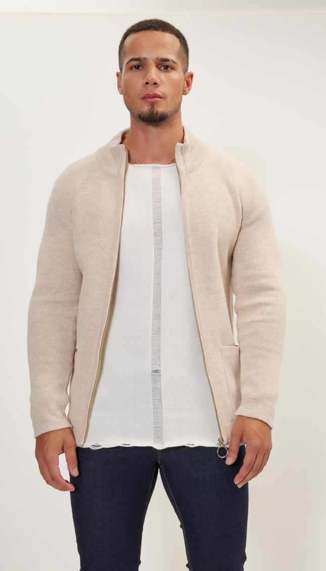 Zipper Up Cardigan - Beige - Ron Tomson