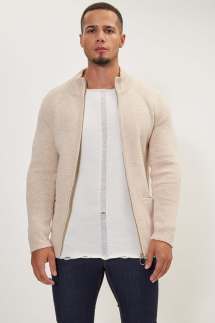 Zipper Up Cardigan - Beige - Ron Tomson