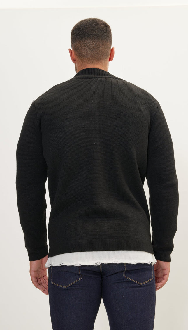 Zipper Up Cardigan - Black - Ron Tomson