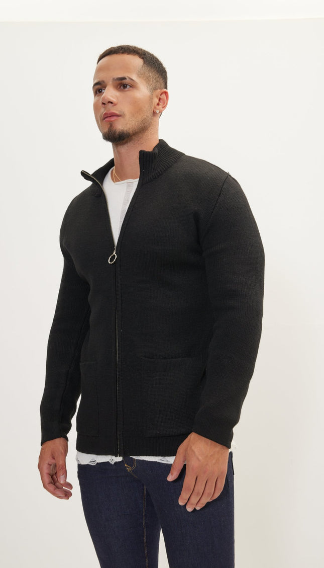 Zipper Up Cardigan - Black - Ron Tomson