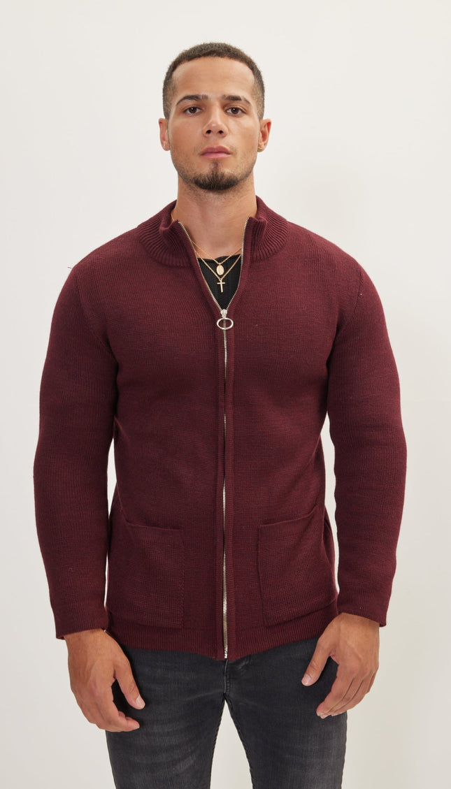 Zipper Up Cardigan - Bordeaux - Ron Tomson