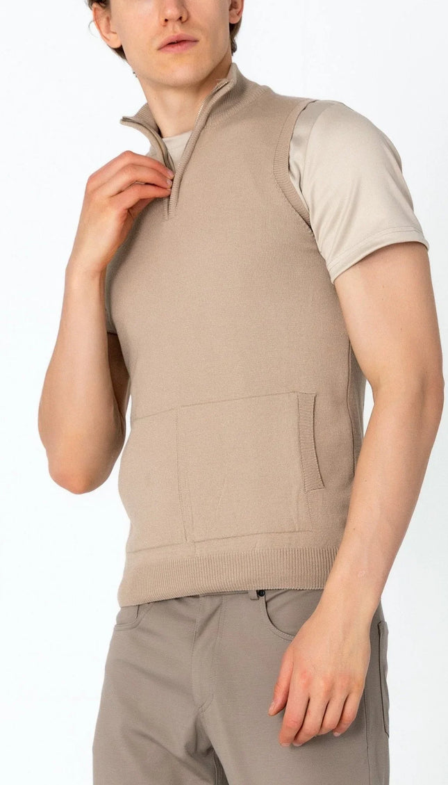 Zippered Collar Sweater Vest - Beige - Ron Tomson